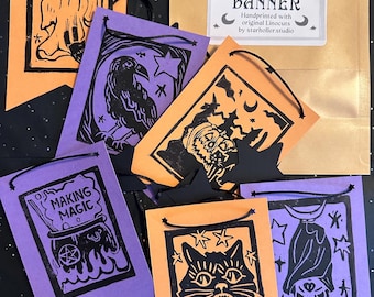 Handmade Linocut Halloween Banner - Vintage Style, 6 Unique Designs, Pre-Strung with Stars on Black Rope, Ready to Hang