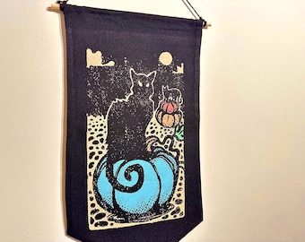 Black Cat Halloween Canvas Banner | Pumpkin Moon Pennant Wall Art | Spooky Witchy Gothic Decor