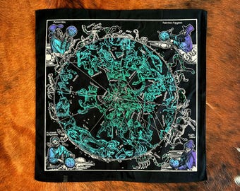 Vintage Celestial Astrology Bandana - 22x22" Black Cotton with Seafoam Green and Indigo White Ink, Zodiac Moon Stars Boho Mystical Gift