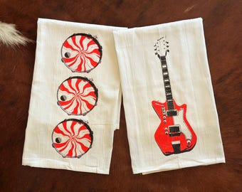 Jack White Red Guitar & Meg White Peppermint Drum Tea Towels Set |  The White Stripes Retro Kitchen Decor | Set of 2
