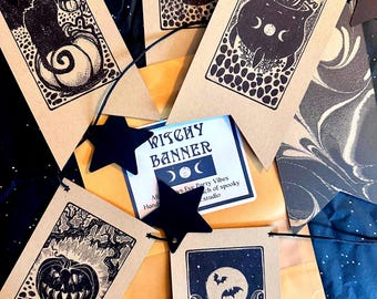 Handmade Witchy Halloween Banner - 6 Lino Cut Designs, Pre-Strung Black Rope Garland, Ready to Hang Fall Decor
