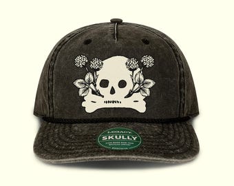 Skull Crossbones Clover Hat | Pigment Dyed Black Denim Hat