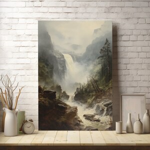Waterfall Wall Art, Vintage Mountain Landscape Canvas, Rustic Forest River Painting, Misty Nature Scene, Dramatic Wilderness Print