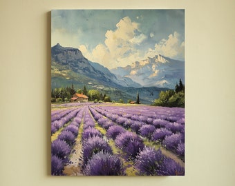 Vintage Lavender Wall Art Canvas, Lavender Field French Country Print, Watercolor Mountain Landscape Art, Floral Spring Wall Art Painting