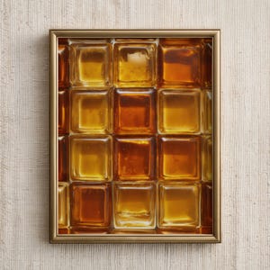 May include: A framed artwork showing a grid of amber and gold square glass blocks. The blocks are arranged in a 4x4 pattern, creating a textured, geometric design. The frame is a thin, gold-coloured metal. The background is a neutral, textured surface.