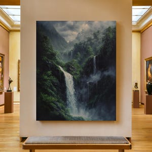 Waterfall Canvas Print, Mountain Waterfall Painting, Nature Wall Art, Rustic Farmhouse Decor, River Scene Artwork, Landscape Oil Painting