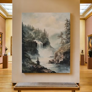 Waterfall Canvas Print, Mountain Waterfall Painting, Nature Wall Art, Rustic Farmhouse Decor, River Scene Artwork, Landscape Oil Painting
