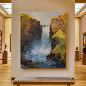 Waterfall Canvas Print, Waterfall Painting, Nature Wall Art, Impressionist Landscape Print, Rustic Farmhouse Decor, Landscape River Artwork