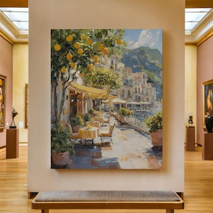 Coastal Wall Art, Lemon Tree Street Painting, Mediterranean Retro Canvas, Amalfi Cafe Art, Seaside Wall Decor, Italian Summer Coastal Print