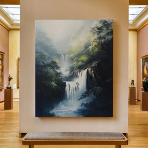 Waterfall Canvas Print, Mountain Waterfall Painting, Nature Wall Art, Rustic Farmhouse Decor, River Scene Artwork, Landscape Oil Painting