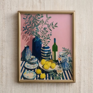 Kitchen Wall Art, Italian Lemon Still Life Print, Mediterranean Summer Painting, Farmhouse Dining Room Bar Decor, Vintage Rustic Decor