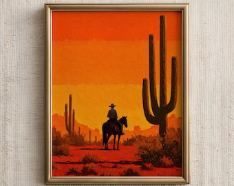 Western Wall Art Print, Cowboy and Horse Poster, Southwestern Cactus Desert Painting, Retro Western Decor, Digital Download
