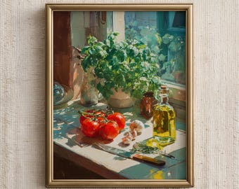 Köksväggkonsttryck, tomat- och basilikamålning, olivoljaposter, italiensk bondgårdsinredning, digital nedladdning
