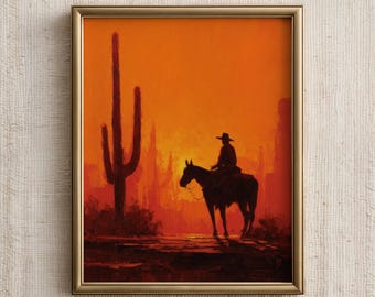 Western Wall Art Print, Retro Cowboy Poster, Southwestern Sunset Painting, Vintage Western Decor, Digital Download