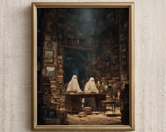 Halloween Wand Kunst Druck, Geist in Vintage Bibliothek Gemälde, rustikale Halloween Dekoration, digitaler Download