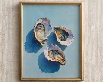 Kitchen Wall Art Print, Oyster Painting, Blue Seaside Nautical Poster, Seaside Home Decor, Digital Download