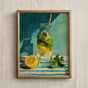 May include: A framed painting of a refreshing drink. A clear glass bottle filled with lemon slices, mint leaves, and ice, with a striped straw. A halved lemon and sprigs of mint are next to the bottle. The background is teal and blue.