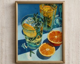 Kitchen Wall Art Print, Orange Cocktail Painting, Summer Drink Poster, Vintage Bar Decor, Digital Download