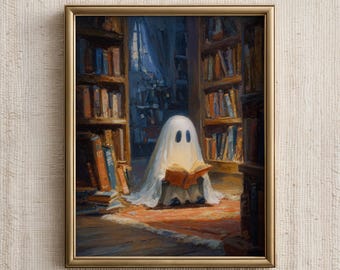 Halloween Wall Art Print, Cute Ghost Reading Book in Library Painting, Cozy Ghost Poster, Spooky Halloween Decor, Digital Download