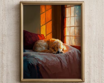 Dog Wall Art Print, Sleeping Golden Retriever Painting, Cozy Pet Poster, Animal Wall Decor, Digital Download