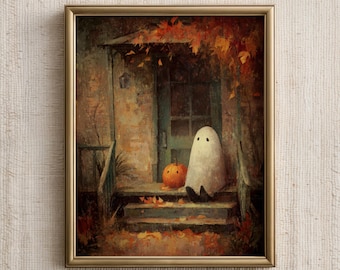 Halloween Wand Kunst Druck, Süßer Geist auf Veranda Gemälde, Halloween Dekor, digitaler Download