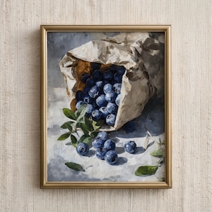 Kitchen Wall Art, Blueberry Still Life Print, Rustic Fruit Painting, Farmhouse Dining Room Decor, Cottage Core Kitchen Decor, Food Painting