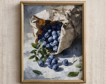 Keuken muurkunst print, bosbes stilleven, poster zomerfruit, Cottagecore keukendecor, digitale download