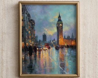 London Wall Art Print, Big Ben Cityscape Painting, Rainy London Evening Artwork, UK Travel Souvenir, Digital Download
