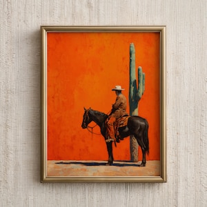 西部の壁アートプリント、南西部のカウボーイの絵画、砂漠のサボテンのポスター、レトロな西部風装飾、デジタルダウンロード