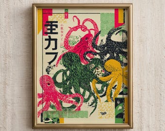 Japanese Wall Art Print, Colorful Octopus Poster, Maximalist Pop Art Print, Eclectic Home Decor, Digital Download
