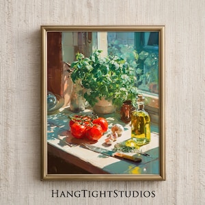 May include: A framed painting depicts a sunlit kitchen scene. A cluster of red tomatoes, garlic cloves, and a bottle of olive oil sit on a windowsill. A potted basil plant and a small jar are also visible. The painting is signed "HANGTIGHTSTUDIOS".