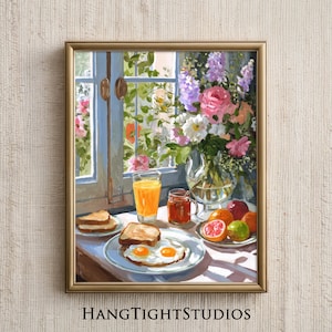 Vibrant breakfast still life painting for a cozy kitchen nook, featuring a sunny morning meal in a cottagecore style. This colorful wall art showcases a textured oil painting aesthetic with a warm cup of coffee, fresh pastries, and floral accents. Ideal for eclectic kitchen decor or a breakfast cafe atmosphere, this food art print blends maximalist colors with a rustic farmhouse feel, capturing the bright and peaceful essence of a slow morning breakfast still life.