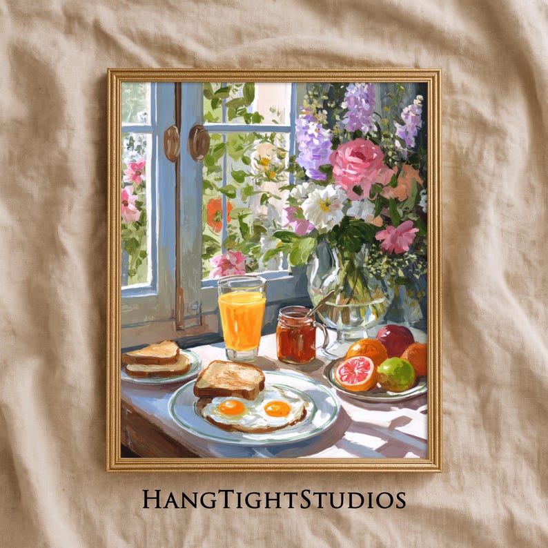 Vibrant breakfast still life painting for a cozy kitchen nook, featuring a sunny morning meal in a cottagecore style. This colorful wall art showcases a textured oil painting aesthetic with a warm cup of coffee, fresh pastries, and floral accents. Ideal for eclectic kitchen decor or a breakfast cafe atmosphere, this food art print blends maximalist colors with a rustic farmhouse feel, capturing the bright and peaceful essence of a slow morning breakfast still life.