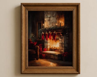 Christmas Wall Art Print, Vintage Christmas Fireplace Painting, Cozy Red Christmas Stockings, Nostalgic Holiday Decor, Digital Download