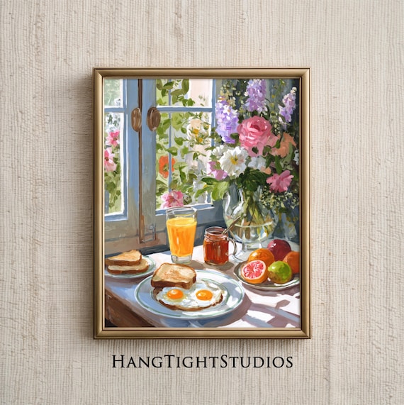 Colorful Breakfast Wall Art Print, Sunny Kitchen Print, Cozy Morning Still Life Painting, Bright Cottagecore Kitchen Decor