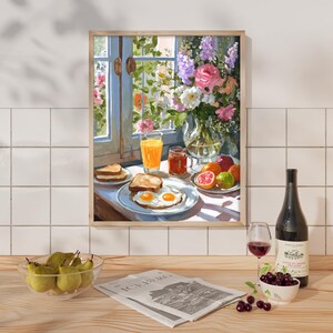 Vibrant breakfast still life painting for a cozy kitchen nook, featuring a sunny morning meal in a cottagecore style. This colorful wall art showcases a textured oil painting aesthetic with a warm cup of coffee, fresh pastries, and floral accents. Ideal for eclectic kitchen decor or a breakfast cafe atmosphere, this food art print blends maximalist colors with a rustic farmhouse feel, capturing the bright and peaceful essence of a slow morning breakfast still life.