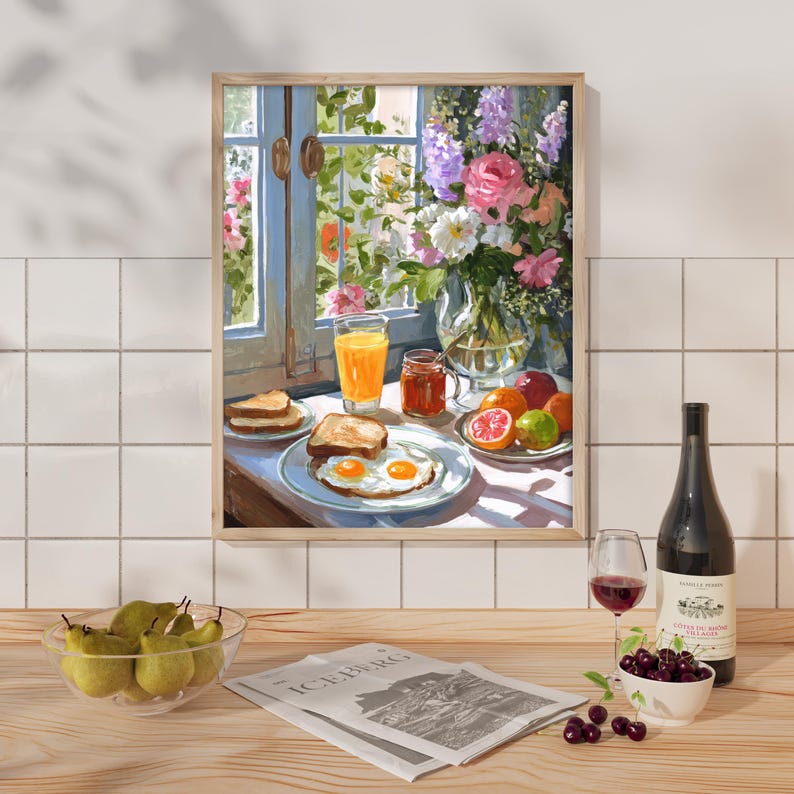 Vibrant breakfast still life painting for a cozy kitchen nook, featuring a sunny morning meal in a cottagecore style. This colorful wall art showcases a textured oil painting aesthetic with a warm cup of coffee, fresh pastries, and floral accents. Ideal for eclectic kitchen decor or a breakfast cafe atmosphere, this food art print blends maximalist colors with a rustic farmhouse feel, capturing the bright and peaceful essence of a slow morning breakfast still life.