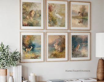 Vintage Animal Gallery Wall Set of 6, Rustic Landscape Oil Painting, Antique Farmhouse Wall Decor, Moody Countryside Prints Digital Download