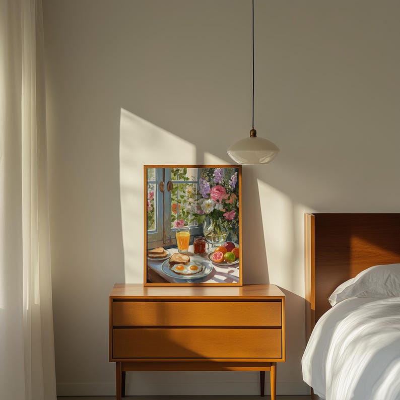 Vibrant breakfast still life painting for a cozy kitchen nook, featuring a sunny morning meal in a cottagecore style. This colorful wall art showcases a textured oil painting aesthetic with a warm cup of coffee, fresh pastries, and floral accents. Ideal for eclectic kitchen decor or a breakfast cafe atmosphere, this food art print blends maximalist colors with a rustic farmhouse feel, capturing the bright and peaceful essence of a slow morning breakfast still life.