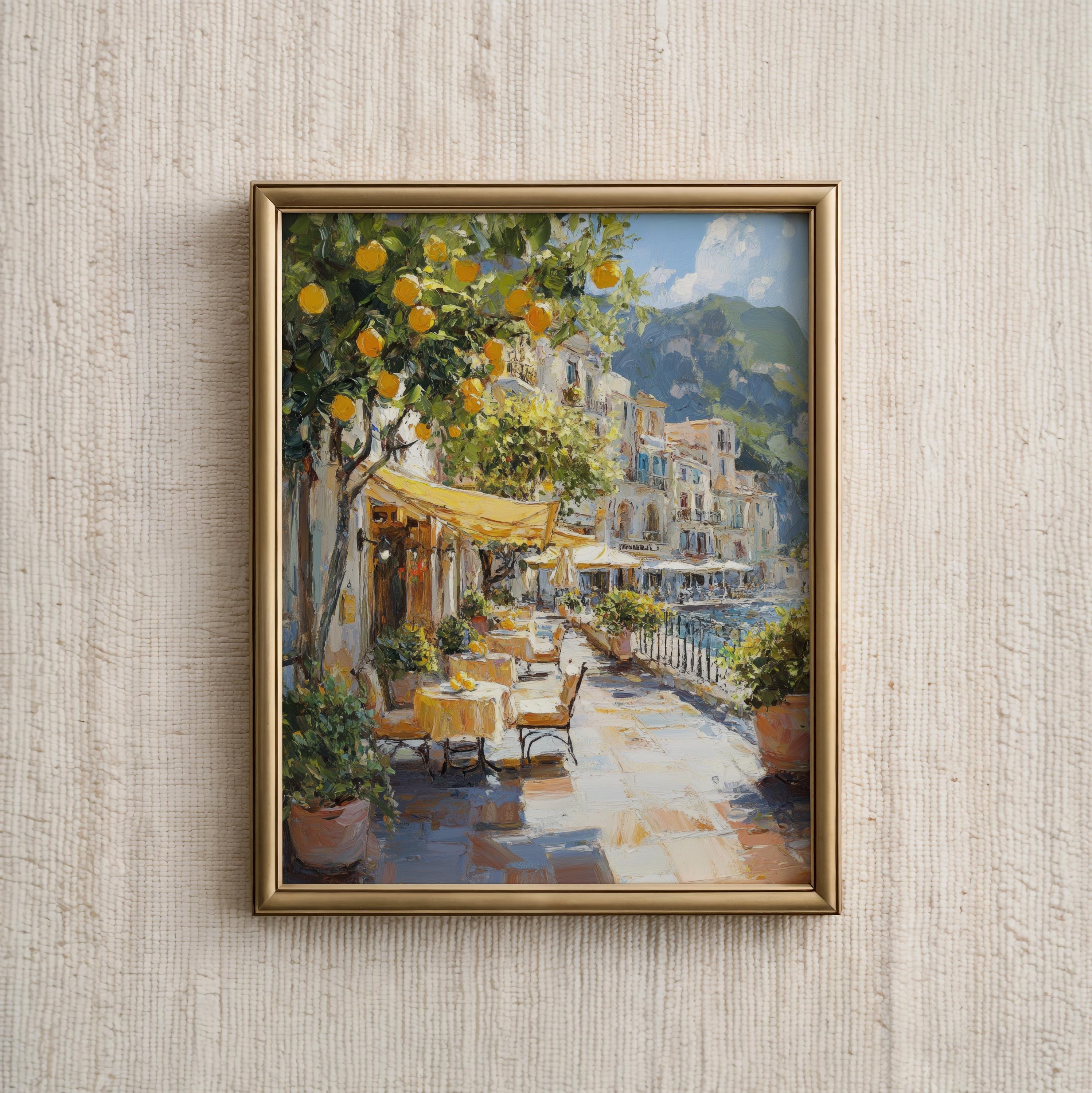 海岸沿いのウォールアートプリント、地中海のストリートカフェの絵画