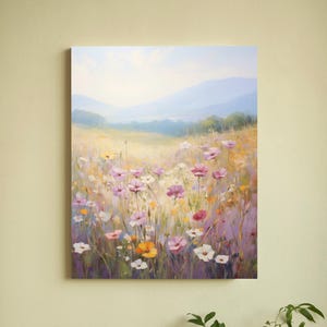 Art mural fleurs sauvages, peinture douce floraison des prés, oeuvre d&#39;art florale pastel romantique, esthétique cottagecore, toile nature botanique