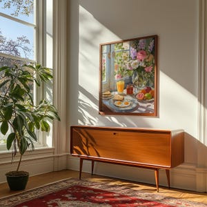 Vibrant breakfast still life painting for a cozy kitchen nook, featuring a sunny morning meal in a cottagecore style. This colorful wall art showcases a textured oil painting aesthetic with a warm cup of coffee, fresh pastries, and floral accents. Ideal for eclectic kitchen decor or a breakfast cafe atmosphere, this food art print blends maximalist colors with a rustic farmhouse feel, capturing the bright and peaceful essence of a slow morning breakfast still life.