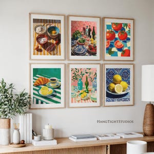 Ensemble de 6 cuisines murales, cuisine méditerranéenne, art de la salle à manger, décoration maximaliste colorée, impressions de natures mortes rétro, téléchargement numérique