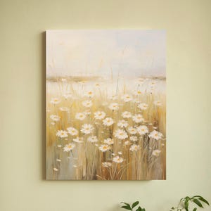 Art mural fleurs sauvages, tableau Daisy Meadow, toile florale neutre, décoration murale dans des tons doux, oeuvre d&#39;art botanique Cottagecore pour la maison