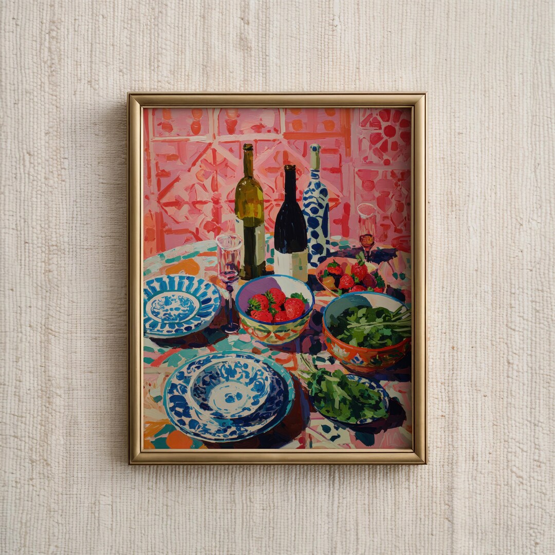 set of three mediterranean kitchen prints | framed... Kitchen Wall Art Print, Italian Dinner Table Painting, Maximalist ...