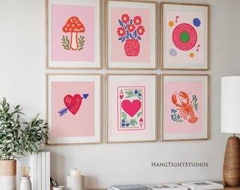 Preppy Gallery Wall Set of 6, Colorful Maximalist Art, Eclectic Dopamine Decor, Trendy Dorm Room Prints, Digital Download