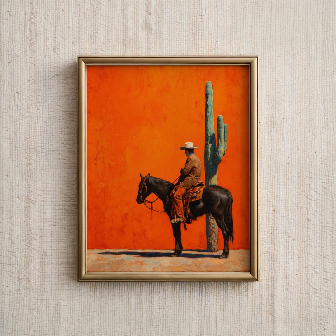 Western Wall Art Print, Southwestern Cowboy Painting, Desert Cactus ...