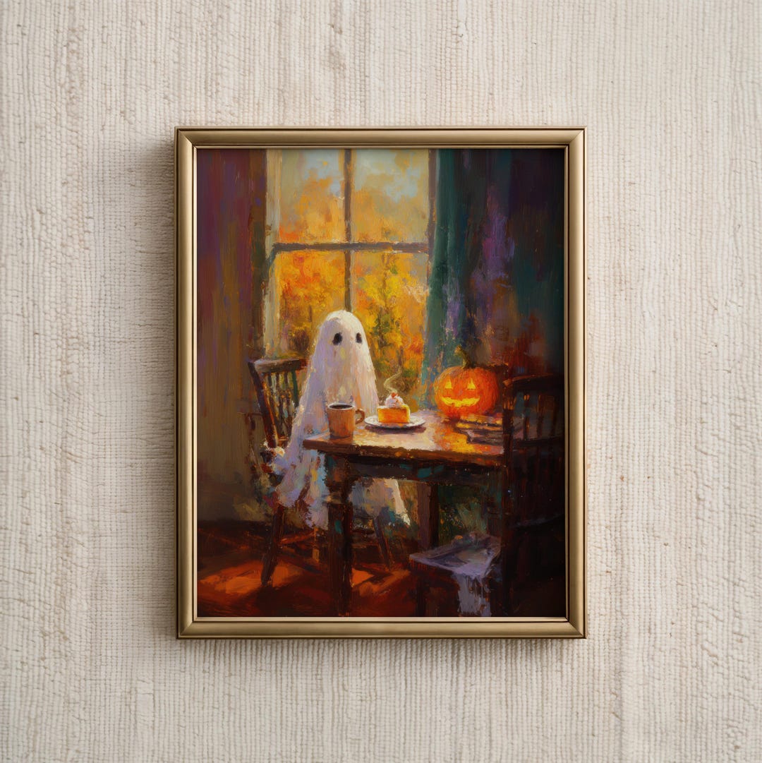 Halloween Wall Art Print, Cute Ghost With Coffee Painting, Pumpkin Jack ...