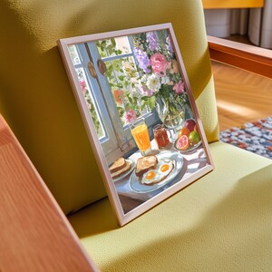 Vibrant breakfast still life painting for a cozy kitchen nook, featuring a sunny morning meal in a cottagecore style. This colorful wall art showcases a textured oil painting aesthetic with a warm cup of coffee, fresh pastries, and floral accents. Ideal for eclectic kitchen decor or a breakfast cafe atmosphere, this food art print blends maximalist colors with a rustic farmhouse feel, capturing the bright and peaceful essence of a slow morning breakfast still life.