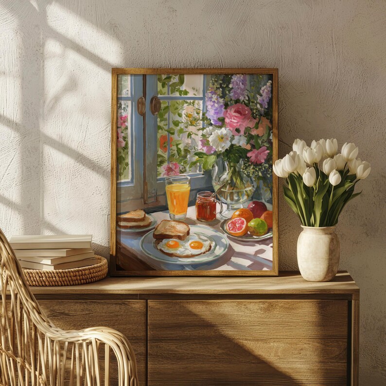 Vibrant breakfast still life painting for a cozy kitchen nook, featuring a sunny morning meal in a cottagecore style. This colorful wall art showcases a textured oil painting aesthetic with a warm cup of coffee, fresh pastries, and floral accents. Ideal for eclectic kitchen decor or a breakfast cafe atmosphere, this food art print blends maximalist colors with a rustic farmhouse feel, capturing the bright and peaceful essence of a slow morning breakfast still life.